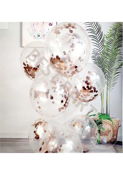 10'lu Rose Gold Konfetili Şeffaf Latex Balon Seti