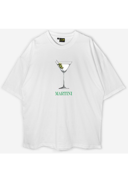 Martini Baskılı Kadın Oversize Pamuklu Beyaz Tshirt