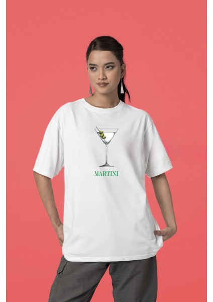 Martini Baskılı Kadın Oversize Pamuklu Beyaz Tshirt