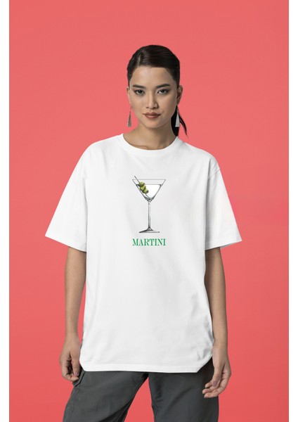 Martini Baskılı Kadın Oversize Pamuklu Beyaz Tshirt