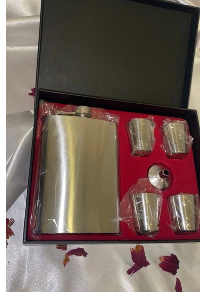 Matara Çelik Paslanmaz Kanyak Viski Takila Matara 4 Shout Bardak Va Huni