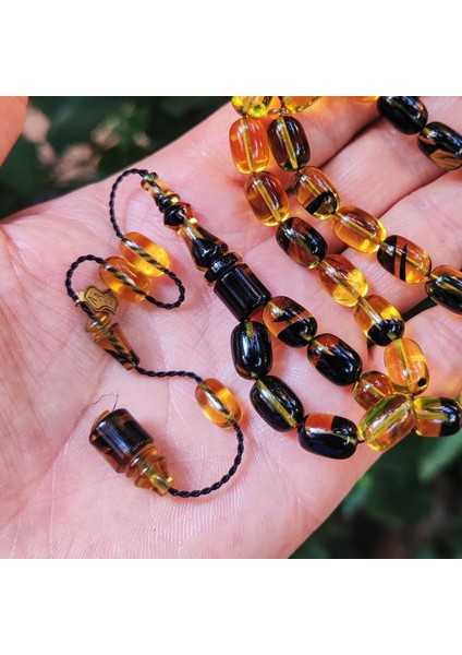 8X11 mm Ali Agiş Usta Işçilikli Sarı Siyah Ateşi Kehribar Tesbih - Şeffaf Delim Tespih fiyatları
