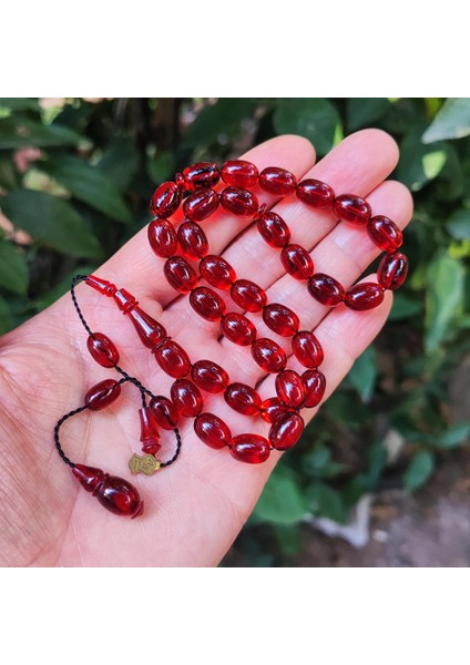 8X11 mm Ali Agiş Usta Işçilikli Vişne Rengi Zar Kehribar Tesbih - Şeffaf Delim Tespih