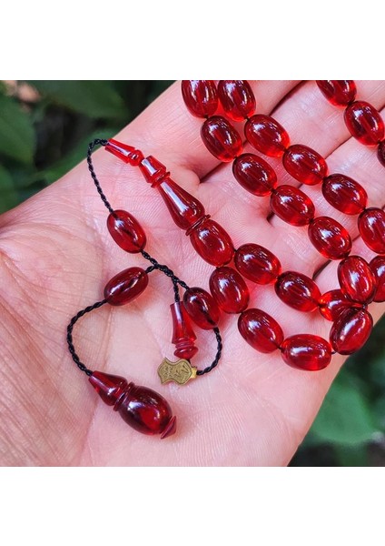 8X11 mm Ali Agiş Usta Işçilikli Vişne Rengi Zar Kehribar Tesbih - Şeffaf Delim Tespih fiyatları