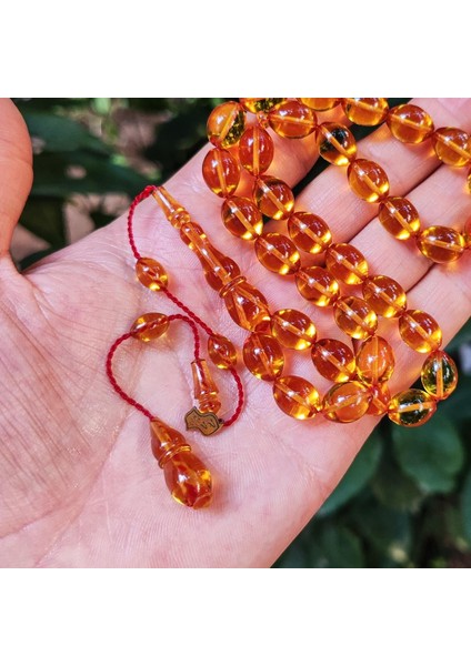 8X11 mm Ali Agiş Usta Işçilikli Altın Rengi Zar Kehribar Tesbih - Şeffaf Delim Tespih
