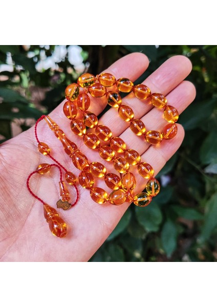 8X11 mm Ali Agiş Usta Işçilikli Altın Rengi Zar Kehribar Tesbih - Şeffaf Delim Tespih