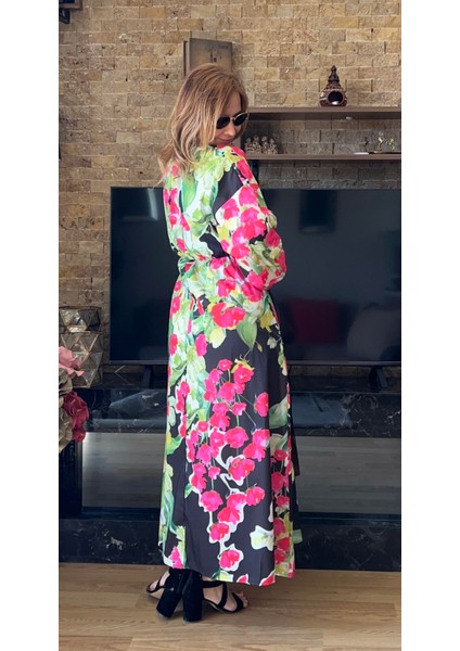 Pembe Çiçekli Beli Büzgülü Elbise Kloş Kesim Tesettür Yazlık Elbise 130 cm fiyatları