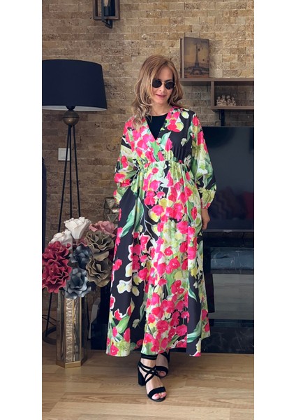 Pembe Çiçekli Beli Büzgülü Elbise Kloş Kesim Tesettür Yazlık Elbise 130 cm fırsatları