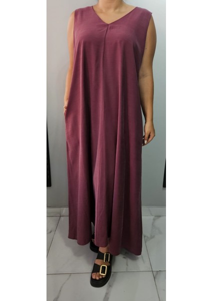 Butik Nilyam Kadın V Yaka Kolsuz Tensel Kumaş Büyük Beden Maxi Elbise 24135