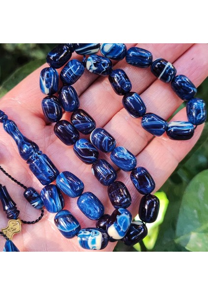 8X11 mm Ali Agiş Usta Işçilikli Mavi Beyaz Sıkma Kehribar Tesbih - Şeffaf Delim Tespih