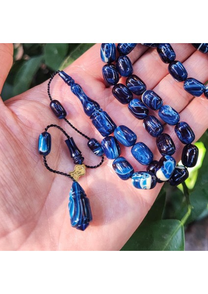 8X11 mm Ali Agiş Usta Işçilikli Mavi Beyaz Sıkma Kehribar Tesbih - Şeffaf Delim Tespih fiyatları