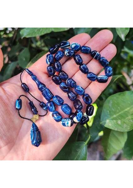 8X11 mm Ali Agiş Usta Işçilikli Mavi Beyaz Sıkma Kehribar Tesbih - Şeffaf Delim Tespih modelleri