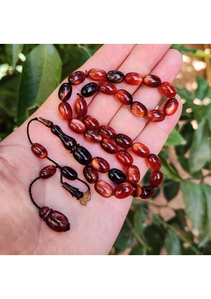 8X11 mm Ali Agiş Usta Karamel Rengi Simli Sıkma Kehribar Tesbih - Şeffaf Delim Tespih
