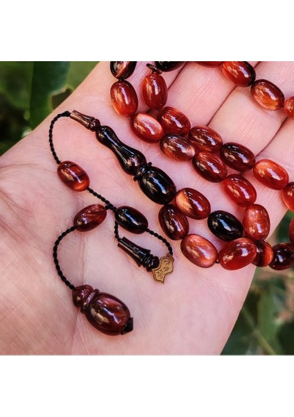 8X11 mm Ali Agiş Usta Karamel Rengi Simli Sıkma Kehribar Tesbih - Şeffaf Delim Tespih