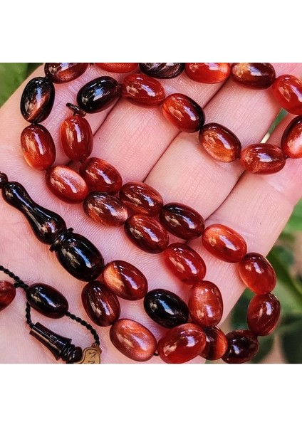 8X11 mm Ali Agiş Usta Karamel Rengi Simli Sıkma Kehribar Tesbih - Şeffaf Delim Tespih