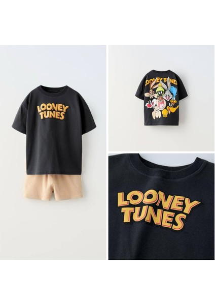 Yeni Sezon Erkek Çocuk Looney Tunes Baskılı Pamuklu T-Shirt ve Şortlu Alt-Üst Ikili Takım