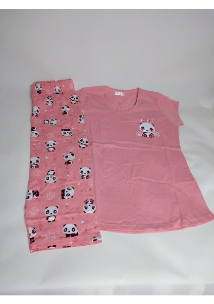Kadın Koyu Pudra Kısa Kollu Desenli Kapri Pamuk Pijama Takımı