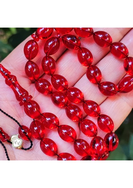 8X11 mm Ali Agiş Usta Işçilikli Kırmızı Zar Kehribar Tesbih - Şeffaf Delim Tespih