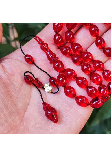 8X11 mm Ali Agiş Usta Işçilikli Kırmızı Zar Kehribar Tesbih - Şeffaf Delim Tespih