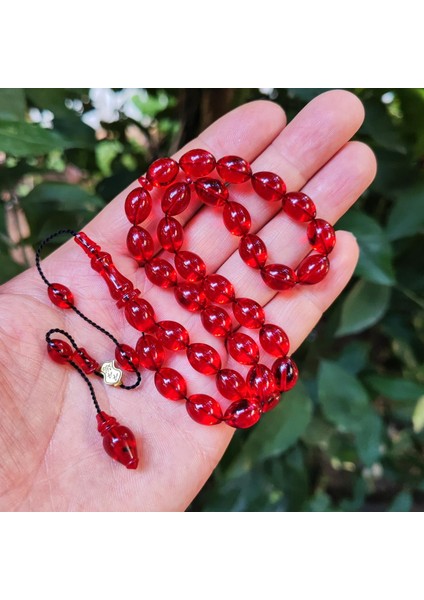 8X11 mm Ali Agiş Usta Işçilikli Kırmızı Zar Kehribar Tesbih - Şeffaf Delim Tespih
