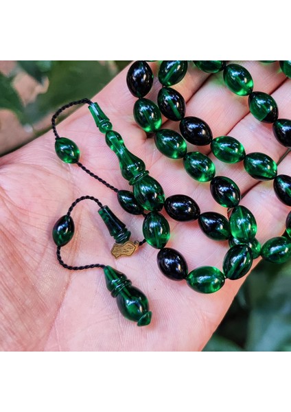 8X11 mm Ali Agiş Usta Işçilikli Yeşil Siyah Ateşi Kehribar Tesbih - Şeffaf Delim Tespih