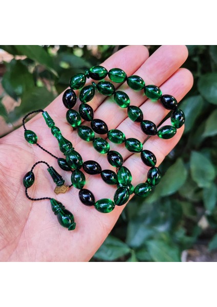8X11 mm Ali Agiş Usta Işçilikli Yeşil Siyah Ateşi Kehribar Tesbih - Şeffaf Delim Tespih