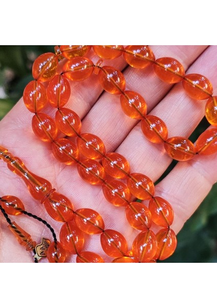 8X11 mm Ali Agiş Usta Işçilikli Yemen Rengi Zar Kehribar Tesbih - Şeffaf Delim Tespih