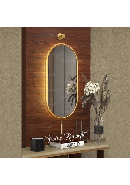 Sevinç Konsept Led'li Serenity Gold Ayna, Küçük Boy 28 x 77 cm Dekoratif Antre Hol Koridor Duvar Salon Mutfak Banyo Wc Ofis Aynası