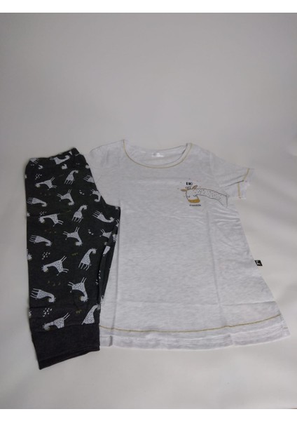 Kadın Bej Antrasit Bisiklet Yaka Desenli Kısa Kollu Kapri Pamuk Pijama Takımı