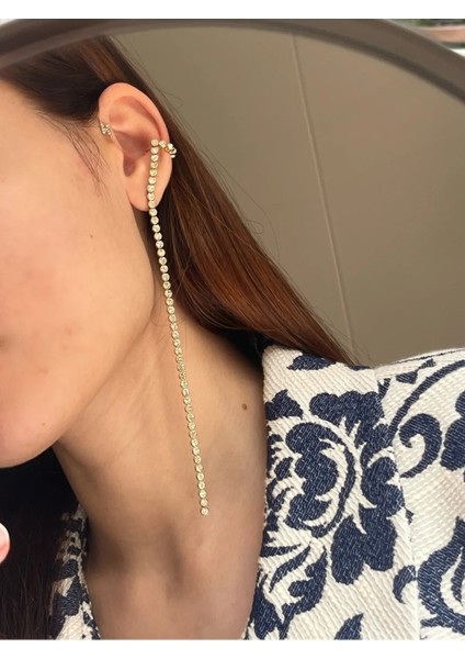 Çelik Pırlanta Sallantılı Earcuff Küpe