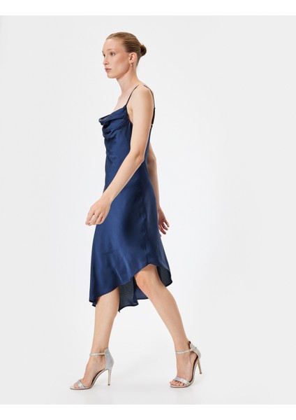 Midi Saten Abiye Elbise Ip Askılı Degaje Yaka Asimetrik Kesim