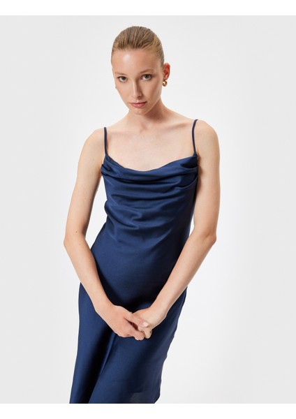 Midi Saten Abiye Elbise Ip Askılı Degaje Yaka Asimetrik Kesim fiyatları