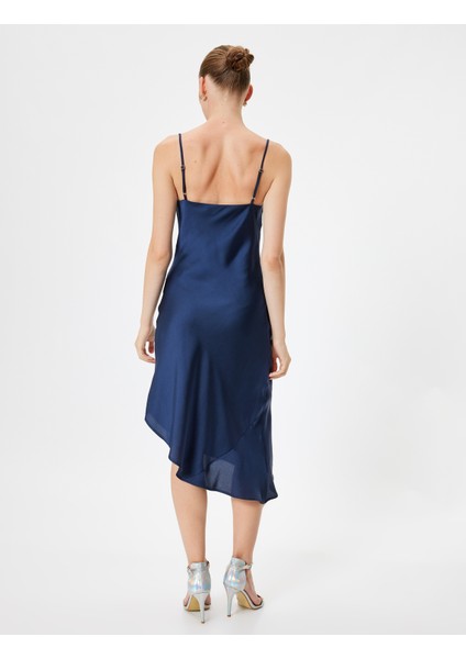 Midi Saten Abiye Elbise Ip Askılı Degaje Yaka Asimetrik Kesim fırsatları