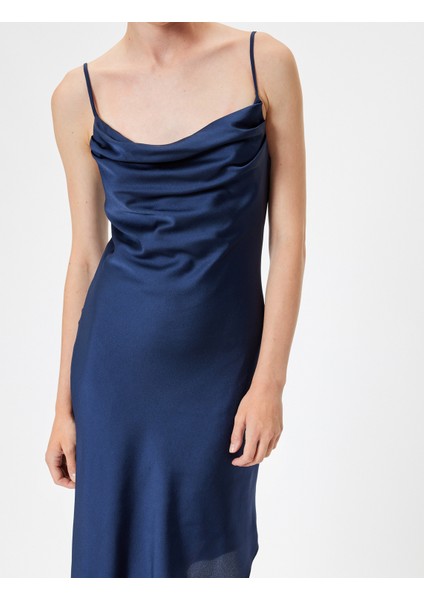 Midi Saten Abiye Elbise Ip Askılı Degaje Yaka Asimetrik Kesim indirimleri