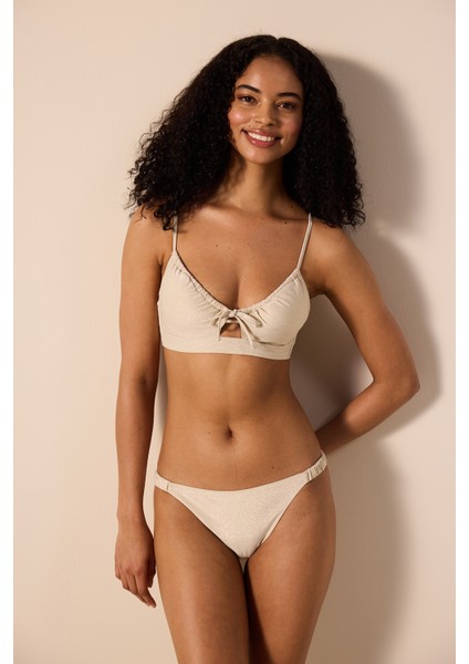 Anna Front Opening Simli Bej Bikini Üstü