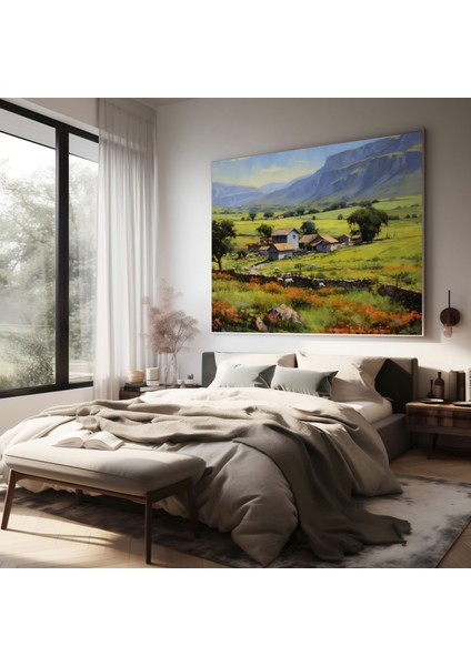 Anadolu Duvar Sanatı - Empresyonist Köy - Anadolu, Yemyeşil Tarlalar, Duvar Süslemesi, Huzur, 30 x 30 cm fiyatları