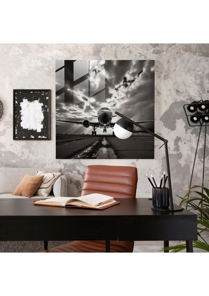 Uçak Cam Tablo - Siyah Beyaz Fotoğraf - Uçak, Dramatik Gökyüzü, Cam Baskı, Uçak, 30 x 30 cm fiyatları