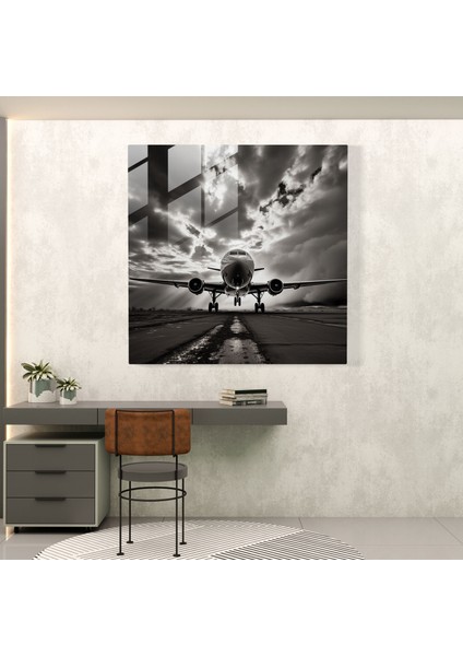 Uçak Cam Tablo - Siyah Beyaz Fotoğraf - Uçak, Dramatik Gökyüzü, Cam Baskı, Uçak, 30 x 30 cm modelleri