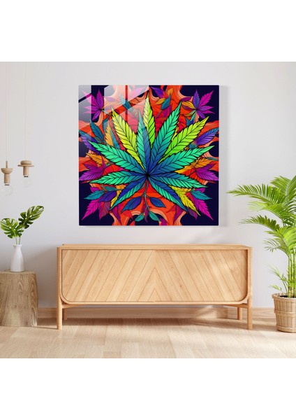 Renkli Ot Lokum Cam Baskı - Ot, Renkli Kenevir Yaprakları, Renkli Ot Lokum Cam Baskı, Ev Dekorasyonu, 30 x 30 cm