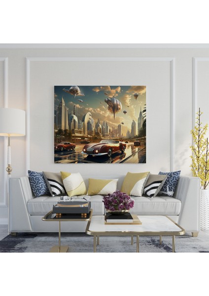 Çağdaş Fütüristik Şehir Manzarası Klasik Araba Kanvas Tablo, 30 x 30 cm
