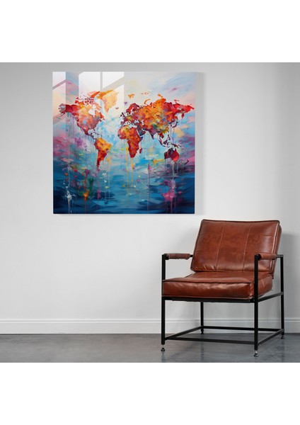 Empresyonist Dünya Haritası Cam Baskı - Dünya Haritası, Empresyonist Resim, Cam Duvar Sanatı, Ev Dekorasyonu, 30 x 30 cm fiyatları