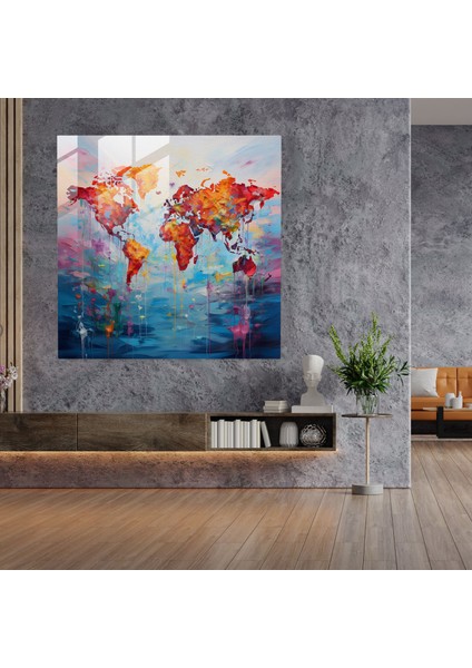 Empresyonist Dünya Haritası Cam Baskı - Dünya Haritası, Empresyonist Resim, Cam Duvar Sanatı, Ev Dekorasyonu, 30 x 30 cm modelleri