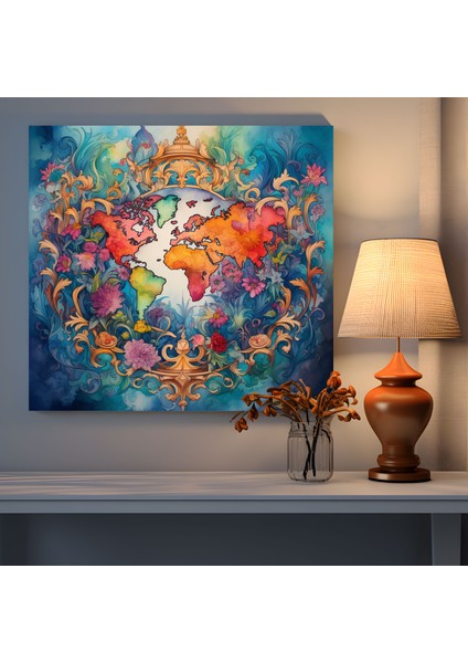 Dünya Haritası Suluboya Kanvas Tablo - Dünya Haritası, Ev Dekorasyonu, Kanvas Tablo, Canlı Renkler, 30 x 30 cm