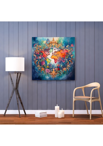 Dünya Haritası Suluboya Kanvas Tablo - Dünya Haritası, Ev Dekorasyonu, Kanvas Tablo, Canlı Renkler, 30 x 30 cm