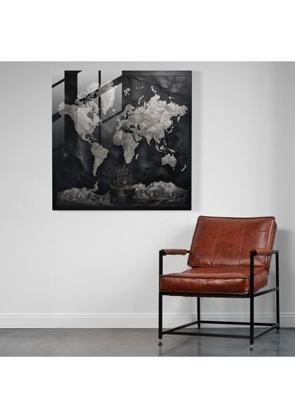Dünya Haritası Cam Baskı - Siyah Beyaz Klasik Tasarım - Dünya Haritası, Zamansız Cazibe, Duvar Dekorasyonu, Modern Sanat, 30 x 30 cm modelleri