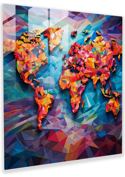 Dünya Haritası Cam Baskı - Geometrik Mozaik - Dünya Haritası, Ev Dekorasyonu, Cam Duvar Sanatı, Duvar Dekorasyonu, 30 x 30 cm