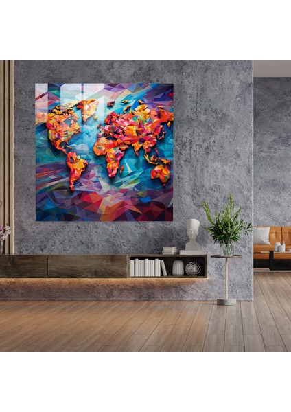 Dünya Haritası Cam Baskı - Geometrik Mozaik - Dünya Haritası, Ev Dekorasyonu, Cam Duvar Sanatı, Duvar Dekorasyonu, 30 x 30 cm fiyatları