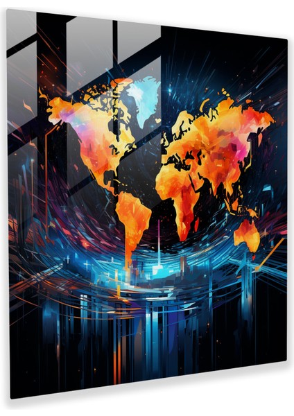 Çağdaş Dünya Haritası Cam Baskı - Dünya Haritası, Duvar Dekorasyonu, Soyut, Modern Sanat, 30 x 30 cm