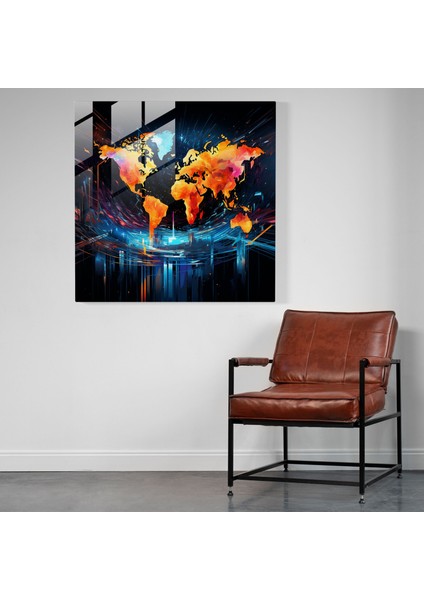 Çağdaş Dünya Haritası Cam Baskı - Dünya Haritası, Duvar Dekorasyonu, Soyut, Modern Sanat, 30 x 30 cm fiyatları
