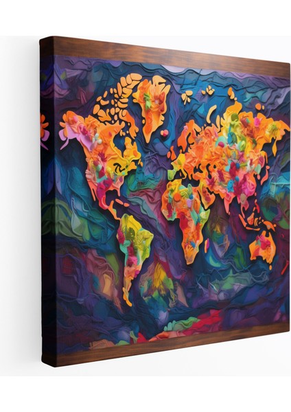 Renkli Dünya Haritası Kanvas Tablo - Dünya Haritası, Duvar Sanatı, Yolculuk Tutkusu, Tonlar, 30 x 30 cm